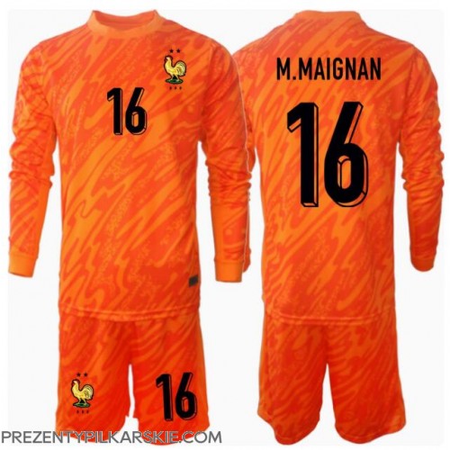 Stroje piłkarskie Francja Mike Maignan #16 Bramkarskie Koszulka Wyjazdowej dla dzieci ME 2024 Długi Rękaw (+ szorty)